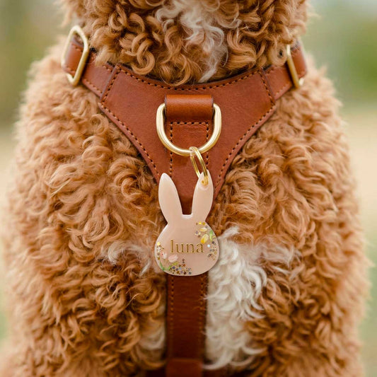 Médaille chien personnalisée Lapin Nude Fleurie, Lettres dorées / Noméa Création