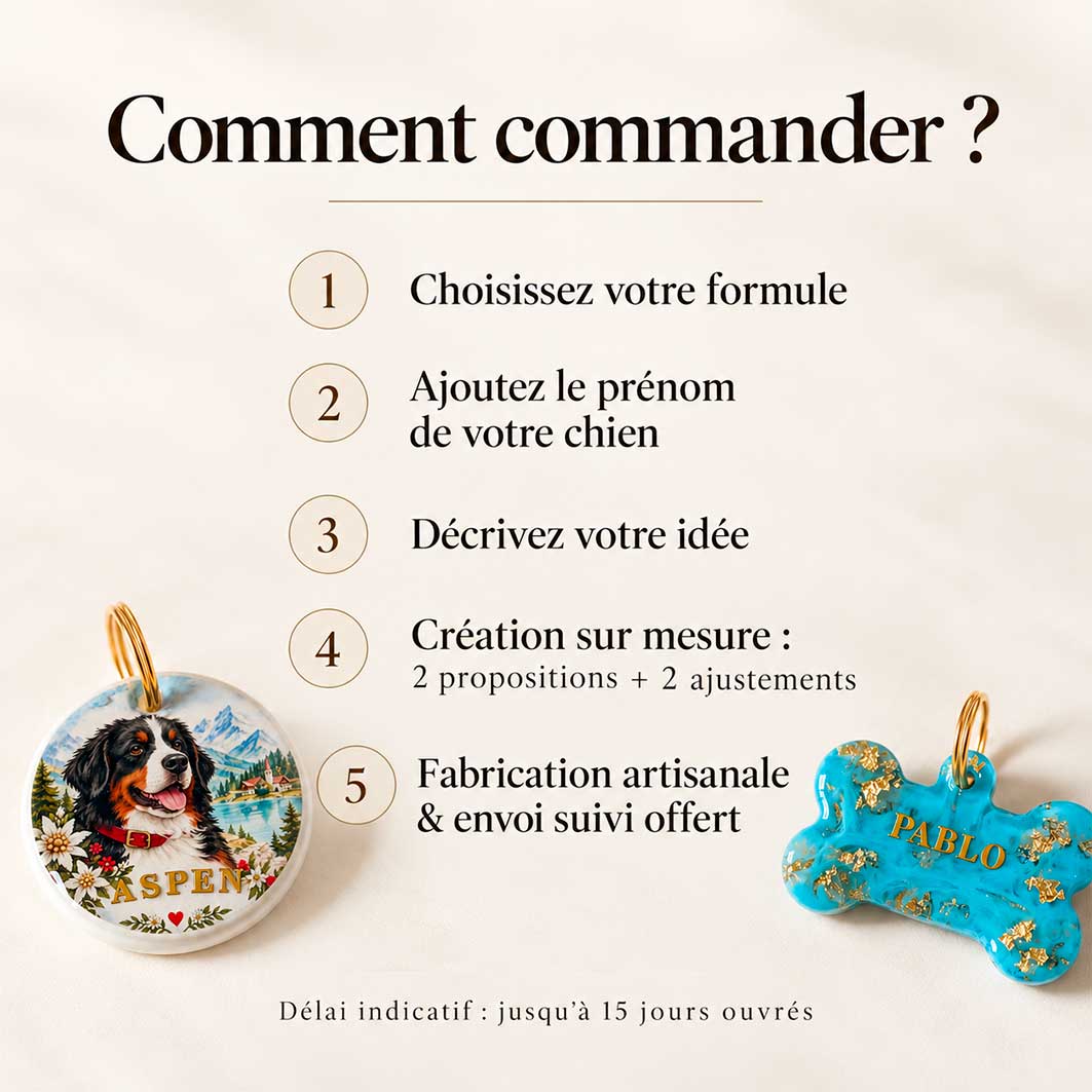 Les étapes pour commander une médaille pour chien sur mesure Noméa : choix de la formule, prénom, description du projet, création et fabrication artisanale.