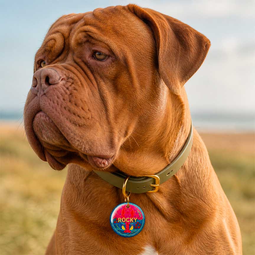 Médaille pour chien ronde motif homard bleu corail personnalisée avec prénom