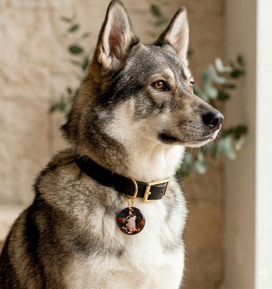 Portrait de studio d'un chien loup portant un collier en cuir noir texturé. Accrochée au collier, une médaille de chien circulaire en résine noire personnalisée avec une illustration d'un loup hurlant à la lune et le nom 'Snow' en lettres dorées cursives, création Noméa. Arrière-plan mur de pierre et eucalyptus