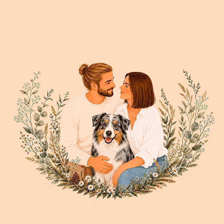 Portrait personnalisé d’un couple avec berger australien pour médaille chien personnalisée