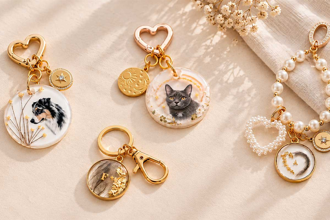 Composition de bijoux souvenirs personnalisés pour chien et chat, avec porte-clés et créations artisanales Noméa sur fond beige.