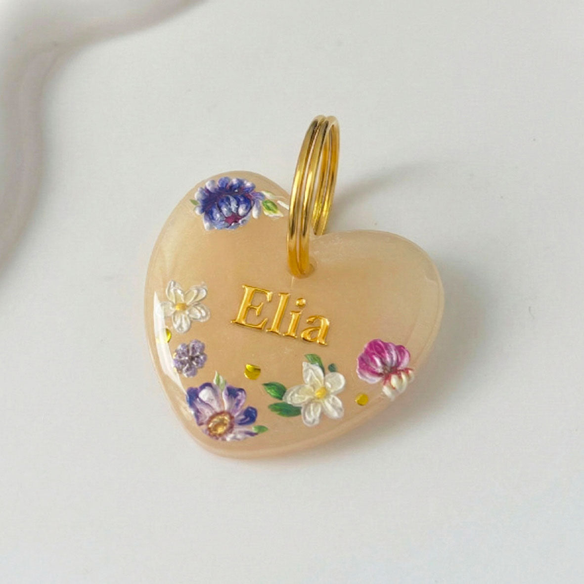 Médaille pour chien personnalisée Cœur de nacre fleuri en résine