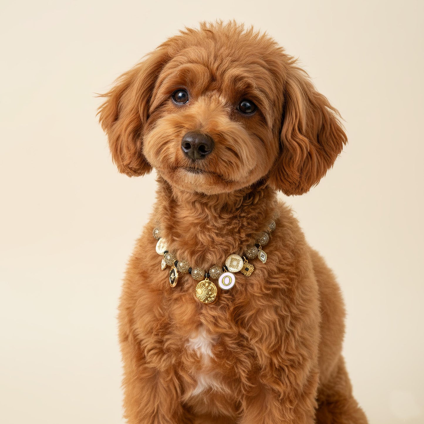 Collier bijou d’ornement pour chien Bohème-Céleste perles et breloques inox doré