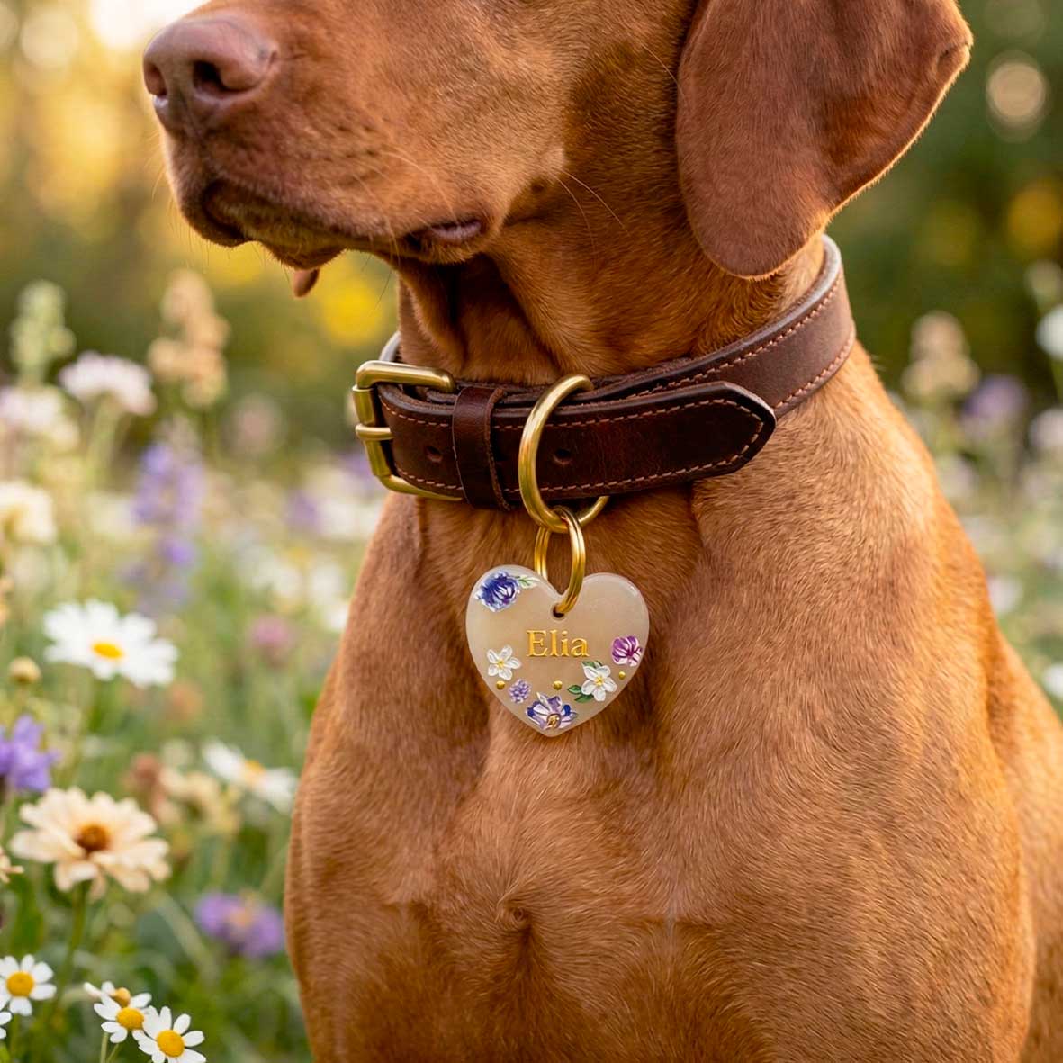 Médaille pour chien personnalisée Cœur de nacre fleuri en résine