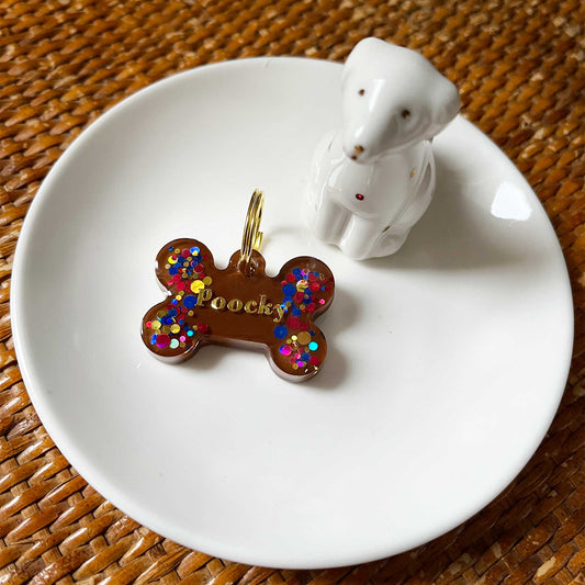 Médaille chien personnalisée Cacao Confetti, Os pailleté
