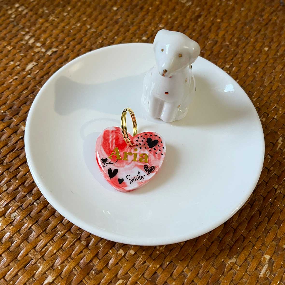 Médaille pour chien personnalisée - Cœur Pop Love ( marbré rouge & prénom doré )