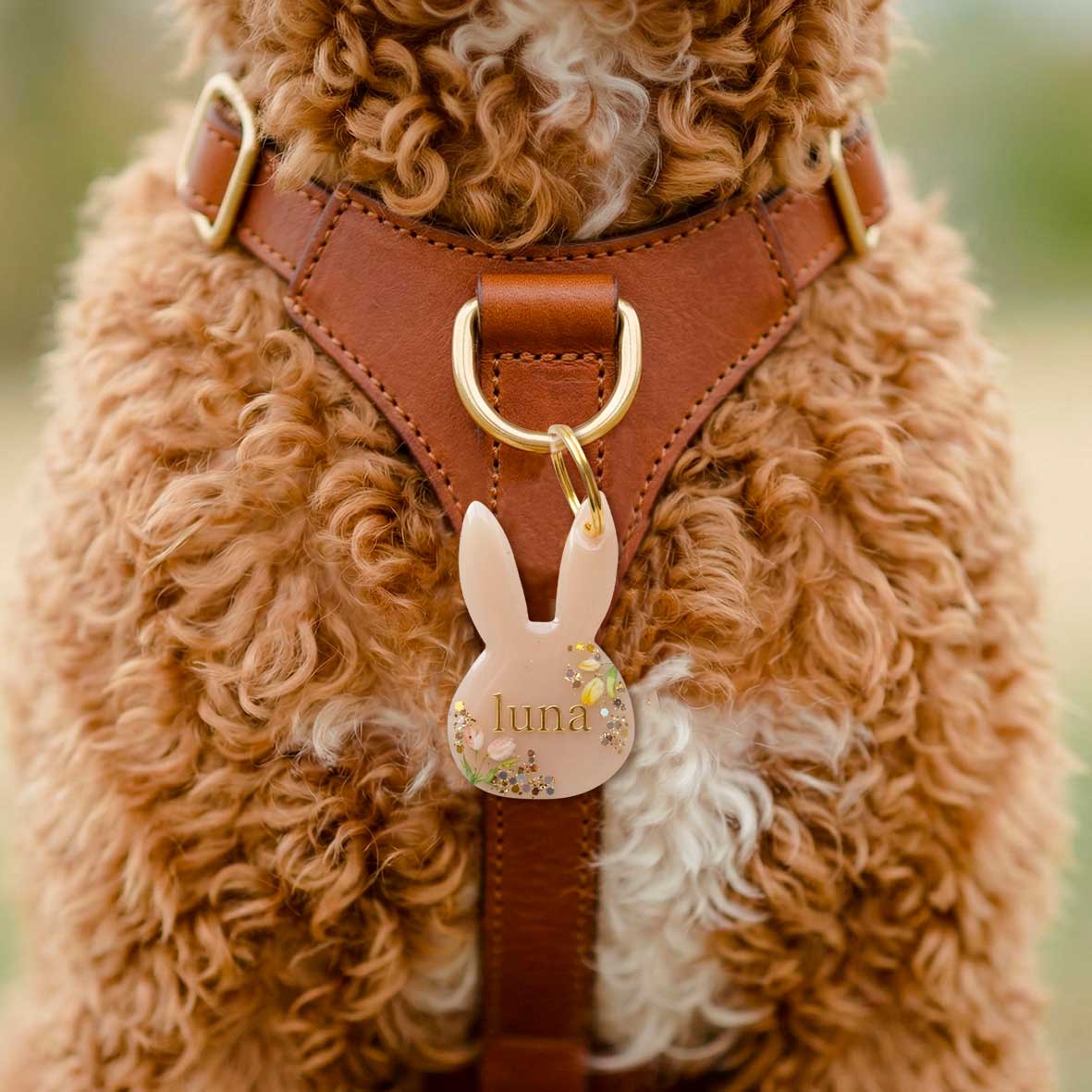 Médaille chien personnalisée Lapin Nude Fleurie, Lettres dorées / Noméa Création