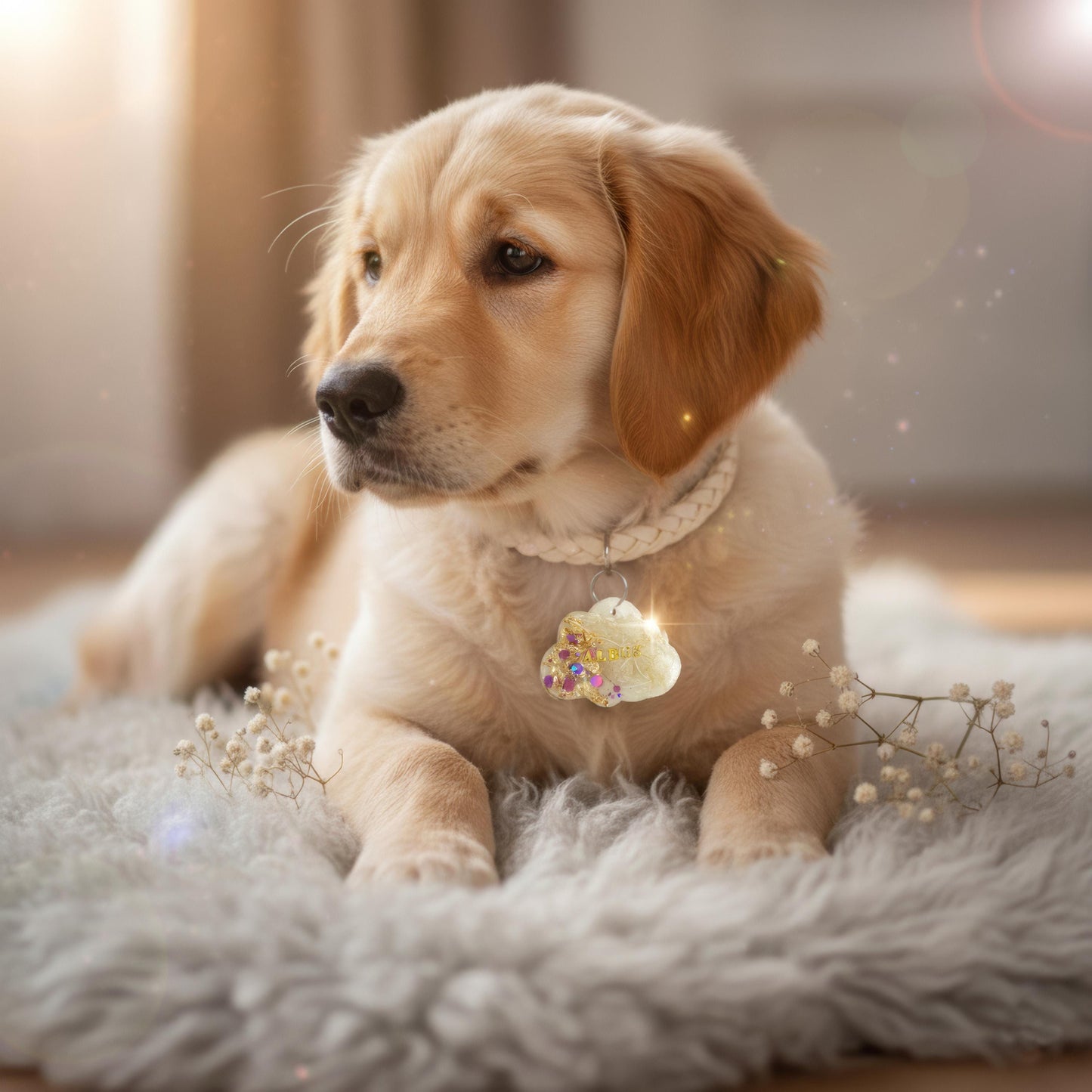 Chiot portant une médaille nuage en résine avec fleurs séchées et paillettes violettes, prénom doré