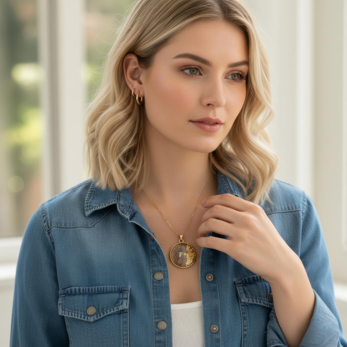 Pendentif souvenir poils d’animal en résine monture dorée bijou mémoire