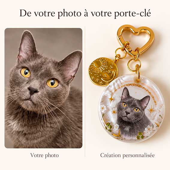 Avant après d’un porte-clé souvenir personnalisé pour chat, montrant la photo du chat et la création finale