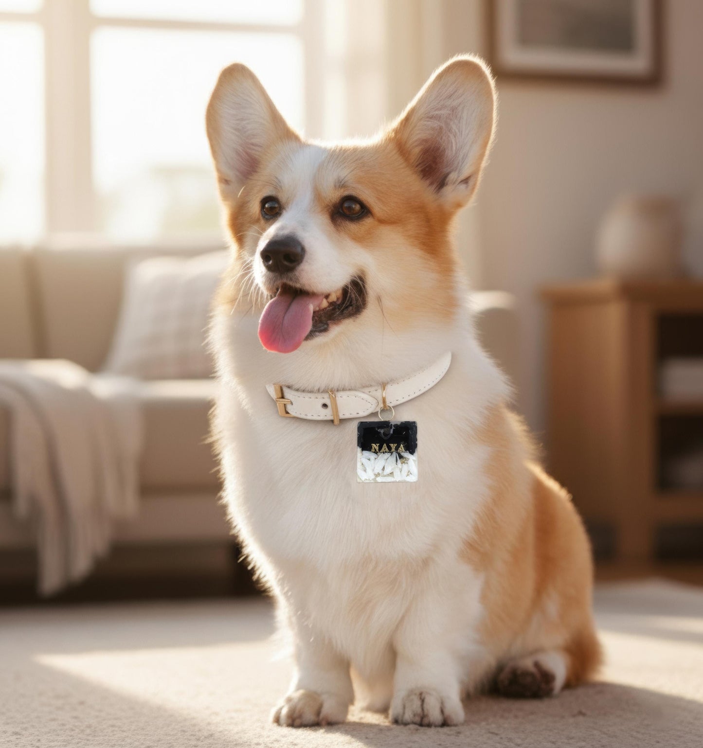 Médaille chien personnalisée en résine – Carrée “Pétales Nocturnes”