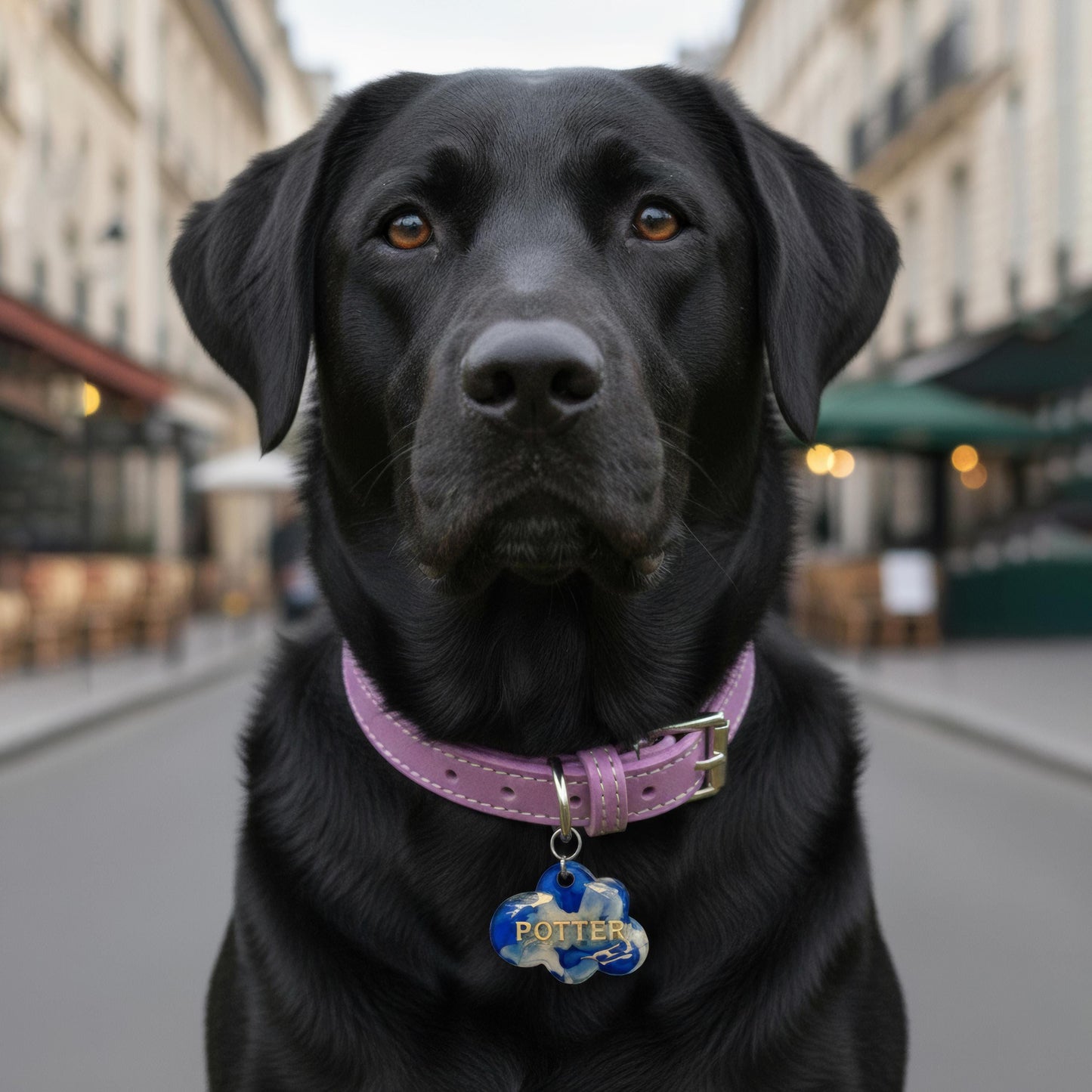 Médaille chien personnalisée en résine – Nuage bleu marbré & doré