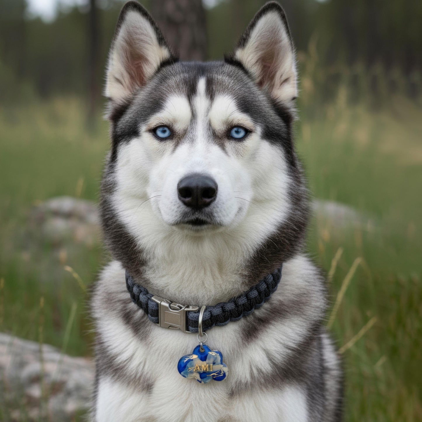 Médaille chien personnalisée en résine – Nuage bleu marbré & doré