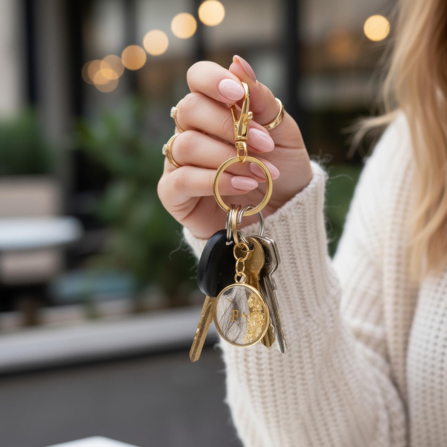 Pendentif ou porte-clés souvenir – poils/crins d’animal en résine (monture dorée)