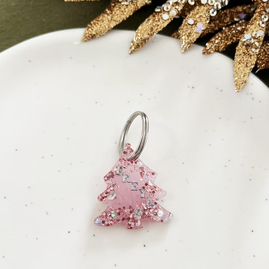 Médaille chien personnalisée - sapin rose pailleté & argent (hiver)