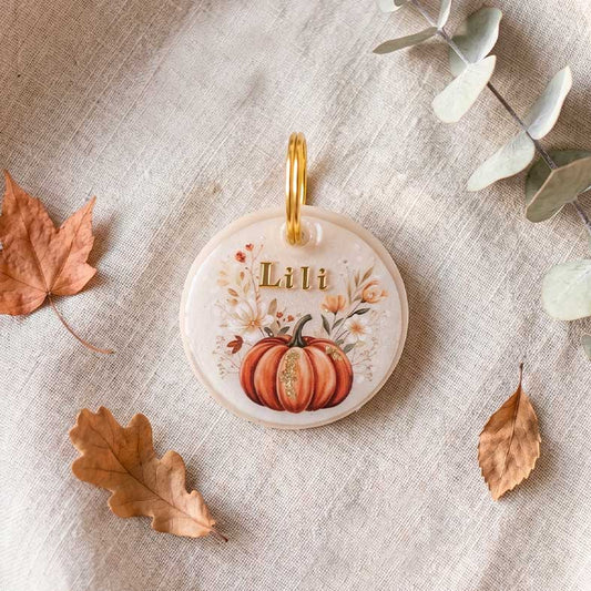 Médaille d'identification personnalisée en résine pour chien et chat. Design d'automne avec une illustration de citrouille et de fleurs. Le prénom Lili est inscrit en lettres dorées en relief. Présentation élégante sur un tissu en lin avec des feuilles mortes d'automne et une branche d'eucalyptus