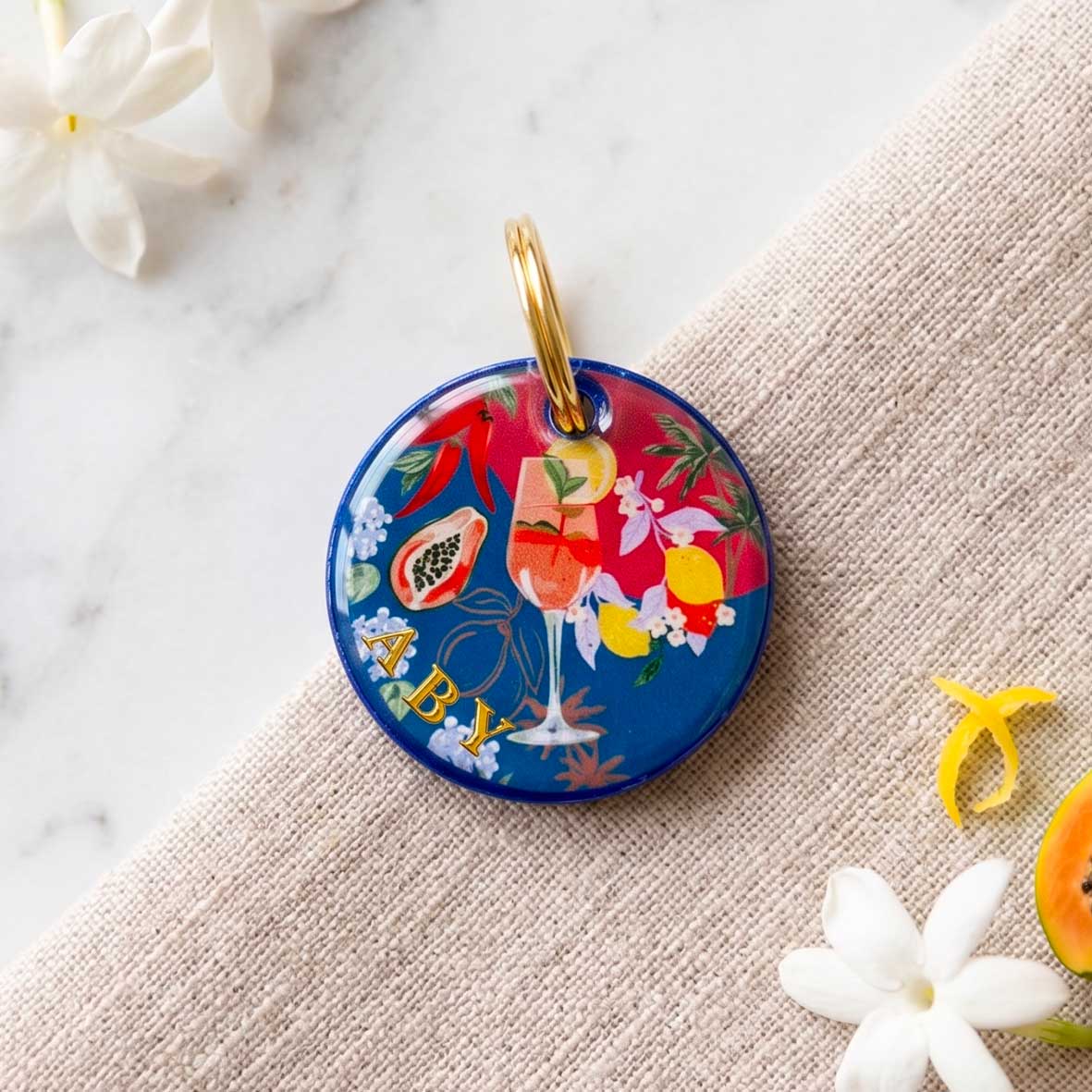 Médaille pour chien personnalisée Azul Tropical avec motif fruits et fleurs tropicales