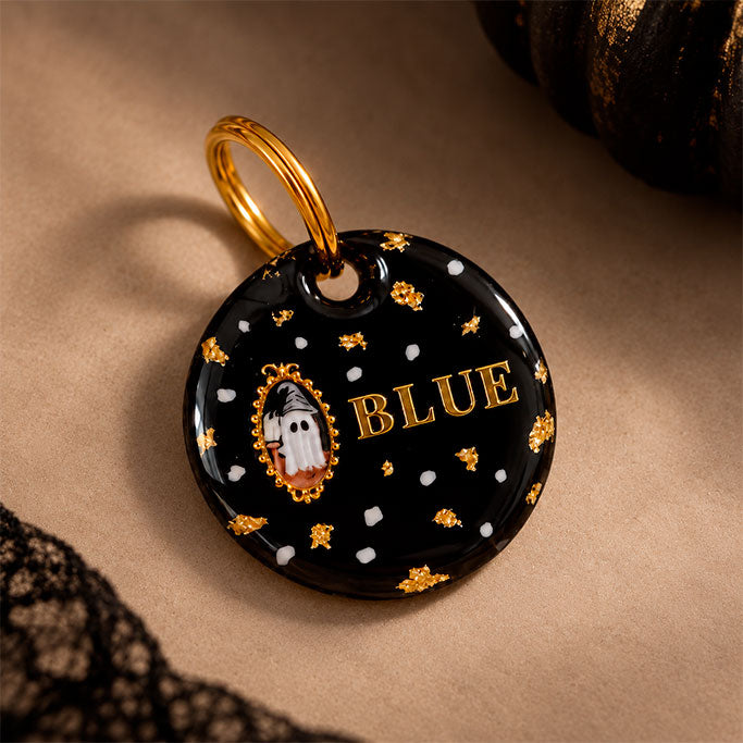 Médaille pour chien personnalisée Fantôme de Minuit noire et dorée avec prénom et petit fantôme