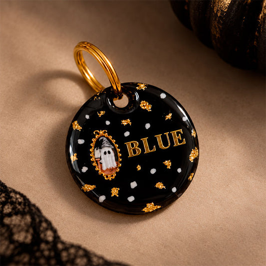 Médaille pour chien personnalisée Fantôme de Minuit noire et dorée avec prénom et petit fantôme