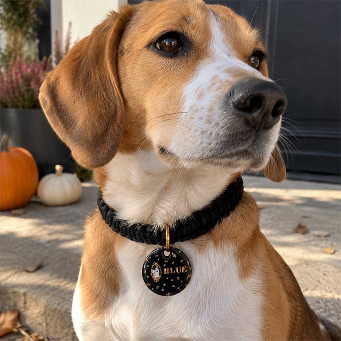 Chien portant la médaille personnalisée Fantôme de Minuit sur un collier en paracorde noir