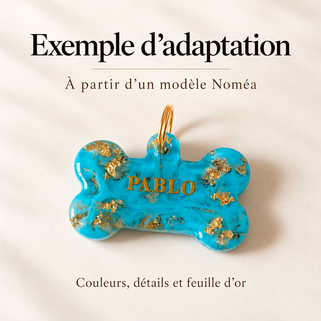 Médaille pour chien en forme d'os bleu turquoise, personnalisée avec des feuilles d'or et le prénom Pablo, adaptation d'un modèle Noméa.