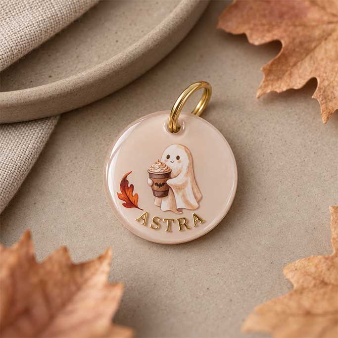 Médaille pour chien personnalisée Pause d’Automne avec fantôme, feuille rouge orangée et prénom Astra en lettres dorées
