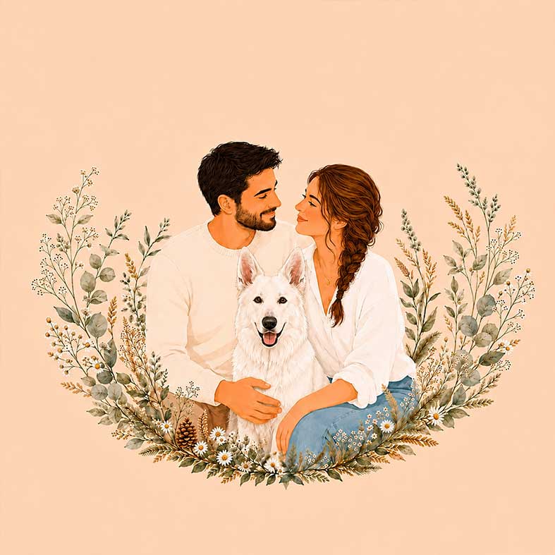 Portrait personnalisé d’un couple avec berger blanc suisse pour médaille chien personnalisée