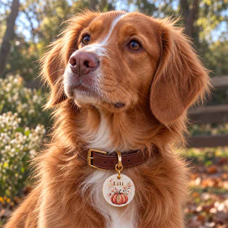 Chien de race épagneul portant la médaille personnalisée en résine Fleur de Courge au prénom Lili, attachée à un collier en cuir marron dans un décor d'automne.