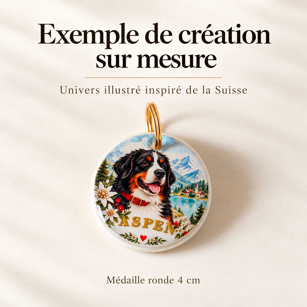 Médaille pour chien ronde de 4 cm créée sur mesure pour Aspen, avec illustration d'un bouvier bernois, paysage suisse et prénom doré.