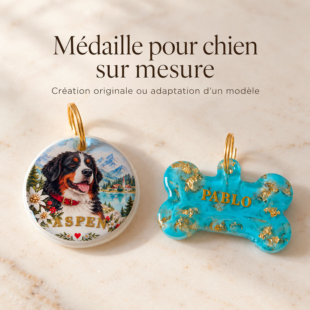 Médaille pour chien sur mesure Noméa avec deux exemples : création originale ronde Aspen inspirée de la Suisse et adaptation d’un modèle en forme d’os bleu Pablo.