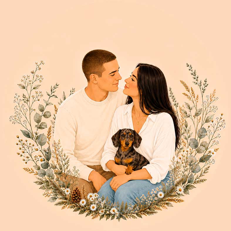 Portrait personnalisé d’un couple avec teckel pour médaille chien personnalisée