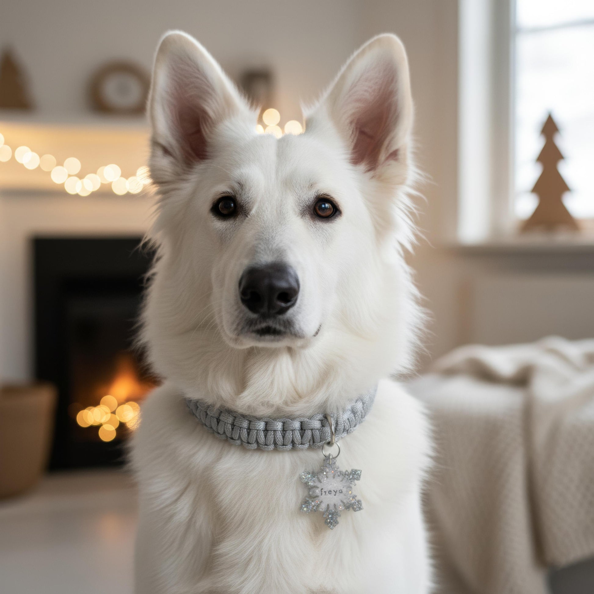 Médaille chien flocon blanc argent paillettes personnalisée avec prénom
