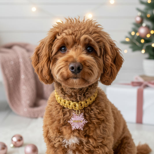 Médaille d’identification chien flocon rose résine paillettes anneau doré
