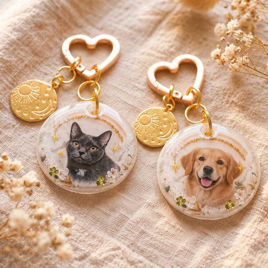 Porte-clés souvenirs personnalisés deuil animal avec portraits illustrés d'un chat et d'un chien. Décoration céleste, nuages et breloque astres dorée.