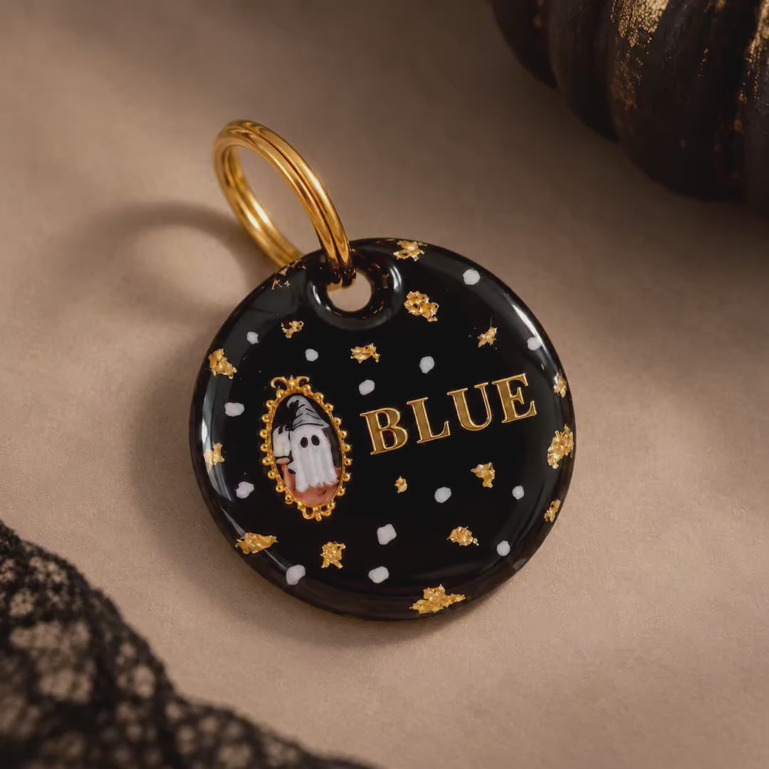 Vidéo de la médaille pour chien personnalisée Fantôme de Minuit noire et dorée, montrant les reflets de la résine et le prénom