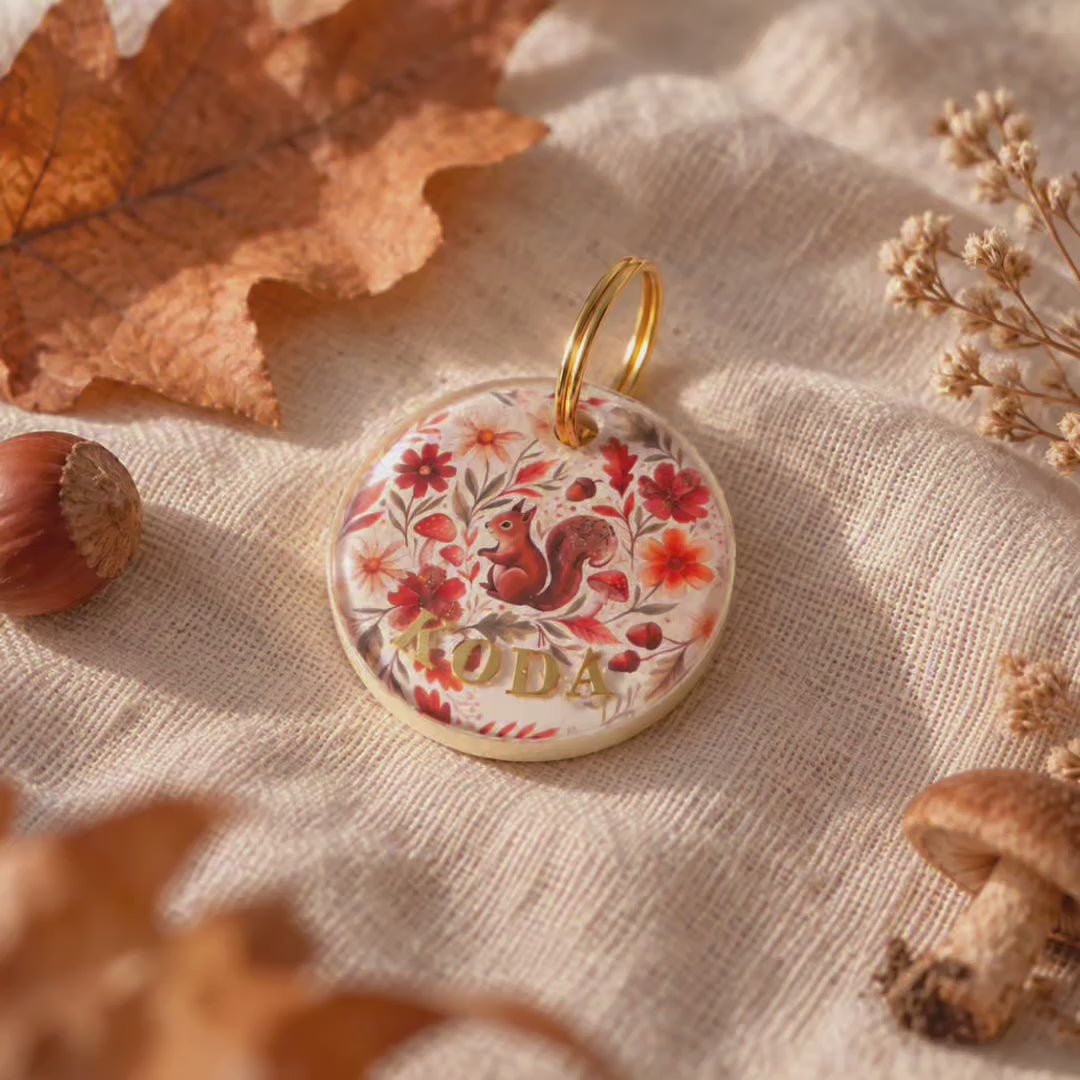 Médaille pour chien personnalisée Koda en résine, motif écureuil et fleurs d’automne, présentée en main puis portée par un chien.